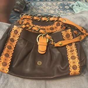 Moschino Brown Leather Shoulder Bag with Floral Trim